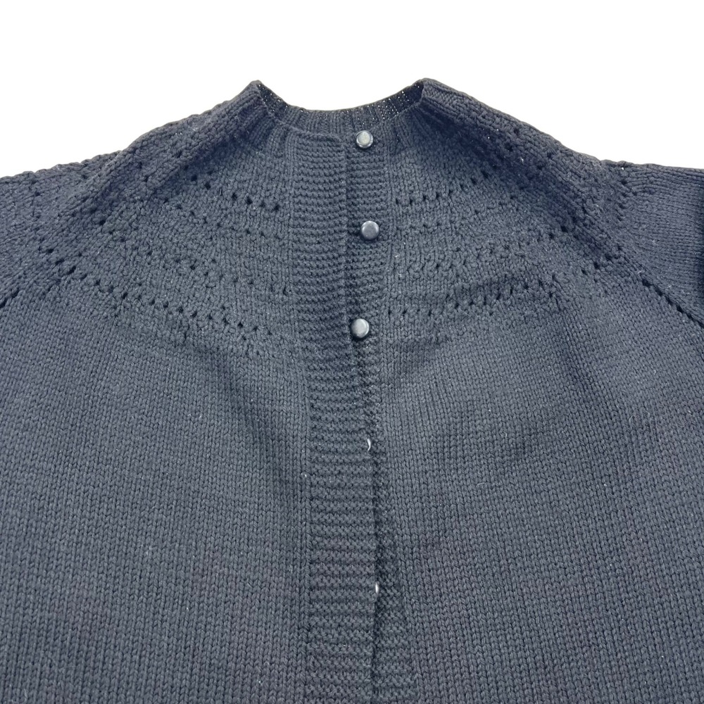VTG Hand Knit Pointelle Yoke Cardigan Womens L Black Chunky Knit Raglan 80s